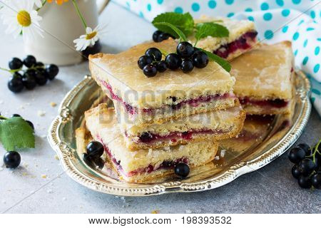 Homemade Baking. Cookies With Black Currant Jam On A Gray Stone Or Slate Background.