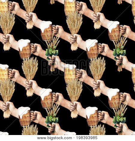 Watercolor hands holding pints of beer, malt and hop bouquets. Hand painted seamless pattern. Oktoberfest design