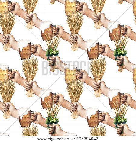 Watercolor hands holding pints of beer, malt and hop bouquets. Hand painted seamless pattern. Oktoberfest design