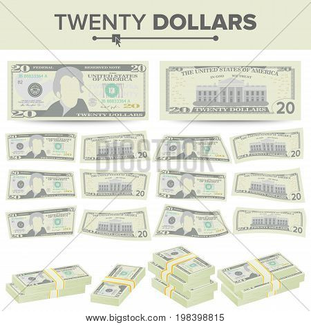 20 Dollars Banknote Vector. Cartoon US Currency. Two Sides Of Twenty American Money Bill Isolated Illustration.