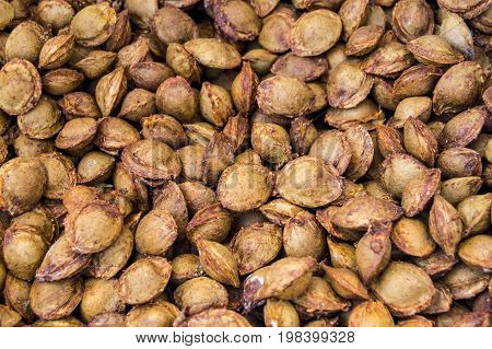 Apricot kernels on white ground, pictures of apricot kernels used in medicine and pill making,