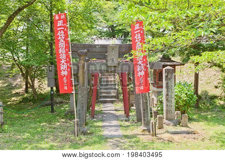 AIZUWAKAMATSU JAPAN - MAY 30 2017: Inari Shinto Shrine in Aizu-Wakamatsu Castle Japan. Inari is goddess of fertility rice tea sake agriculture industry general prosperity and worldly success