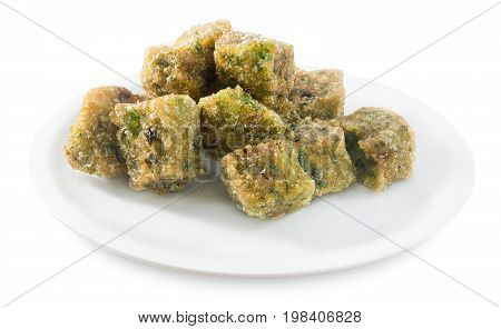 Fried Chinese Pancake or Fried Steamed Dumpling Made of Garlic Chives Rice Flour and Tapioca Flour Isolated on White Background. Traditional Food of China.