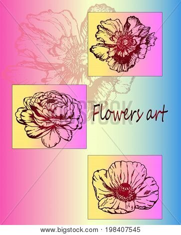 Neon, color poster of botany - bright, stylish flowers - ideas of a tattoo. Botany Poster. Flowers close-up