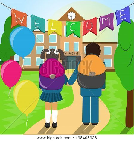 Kids go to school. Vector illustration of school boy and girl going to school in the morning.