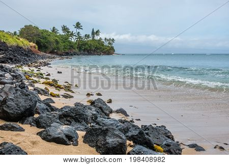 A view of the shoreline in the Kahana area of Maui Hawaii.