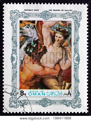 OMAN - CIRCA 1972: a stamp printed in State of Oman shows The Triumph of Galatea Painting by Raphael (Raffaelo Santi) Italian Painter and Architect circa 1972