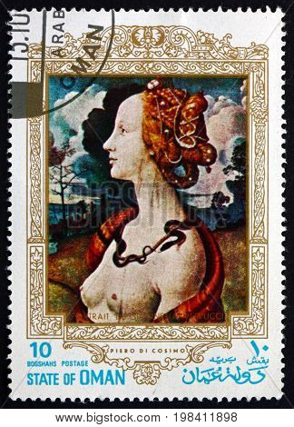 OMAN - CIRCA 1972: a stamp printed in State of Oman shows Simoneta Vespucci Painting by Piero Di Cosimo Florentine Painter circa 1972