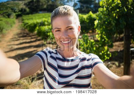 Portrait of beautiful woman posing in vineyard on a sunny day