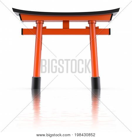 Traditional japanese floating torii gate over wavy reflective background - 3d illustration