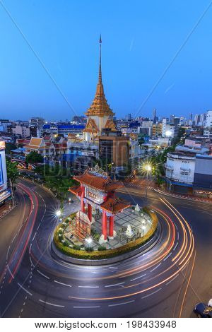 Bangkok , Thailand - 31 July, 2017 : Blur light of car moving at Odean circle landmark in Thailand / Odean circle landmark in Thailand