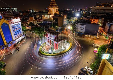 Bangkok , Thailand - 31 July, 2017 : Blur light of car moving at Odean circle landmark in Thailand / Odean circle landmark in Thailand
