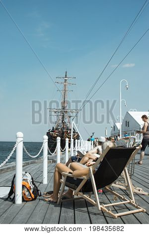 SOPOT, POLAND - AUGUST 02 2015 - the old beautiful port city of Sopot on the Baltic Sea the sea view and the Sopot ship