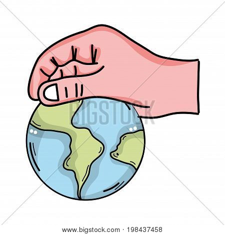 hand with global earth planet and geography ubication vector illustration