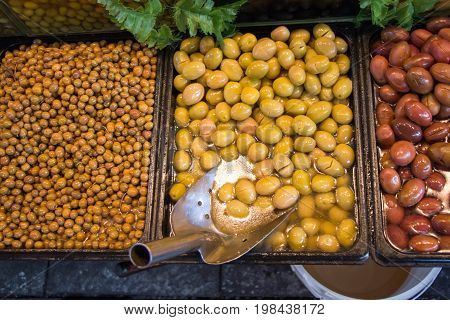 Turkish Style Prepared Olives In The Market Stands