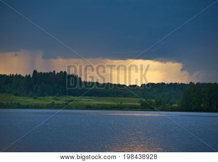 Lake Kenozero .Evening storm over the water. Arkhangelsk region Russia