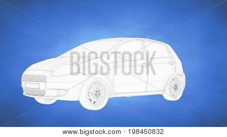 Outlined 3D Rendering Of A Car Inside A Blue Studio