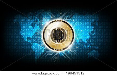 Golden bitcoin digital currency on binary code world map, futuristic digital money, technology worldwide network concept, vector illustration