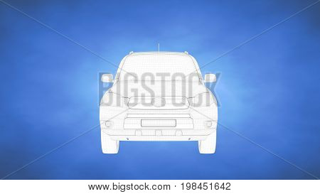 Outlined 3D Rendering Of A Car Inside A Blue Studio