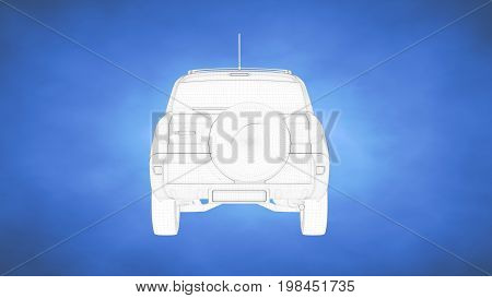 Outlined 3D Rendering Of A Car Inside A Blue Studio
