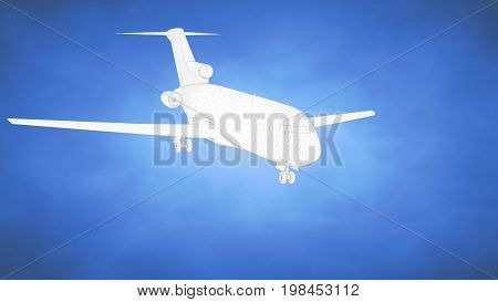 Outlined 3D Rendering Of An Airplane Inside A Blue Studio
