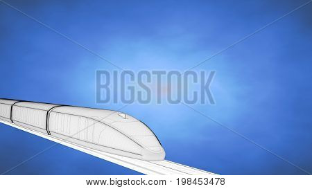 Outlined 3D Rendering Of A Train Inside A Blue Studio