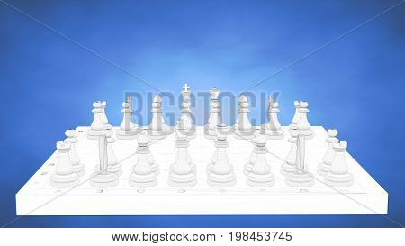 Outlined 3D Rendering Of A Chess Inside A Blue Studio