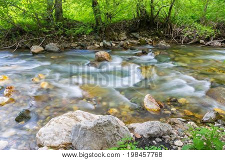 Kolasinskaya River Flows Through The City With A Rapid Flow. Montenegro, Kolasin.