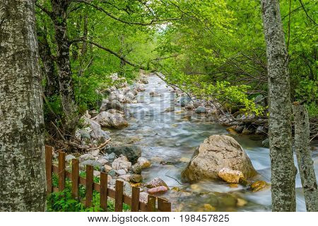 Kolasinskaya River Flows Through The City With A Rapid Flow. Montenegro, Kolasin.