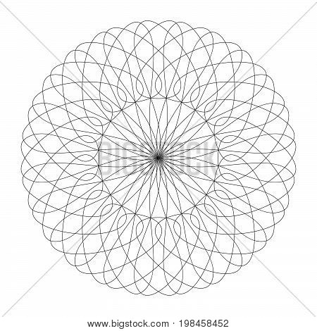 Circle Guilloch in vector. Circle border frame black round lace contour isolated on white background. Abatract round frame from thin lines.
