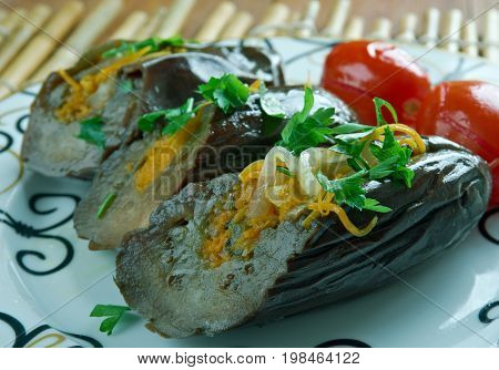 Marinated eggplant stuffed vegetables.Mediterranean Kitchen close up meal