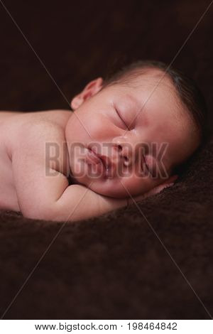 Cute portrait of sleping newborn close-up. Sleeping healthy baby portrait