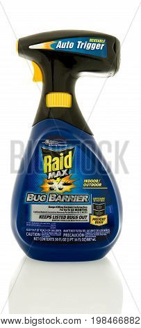 Winneconne WI - 5 August 2017: A bottle Raid Max bug barrier on an isolated background.