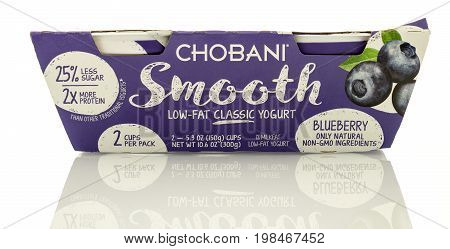 Winneconne WI - 5 August 2017: A package of Chobani smooth yogurt in blueberry flavor on an isolated background.