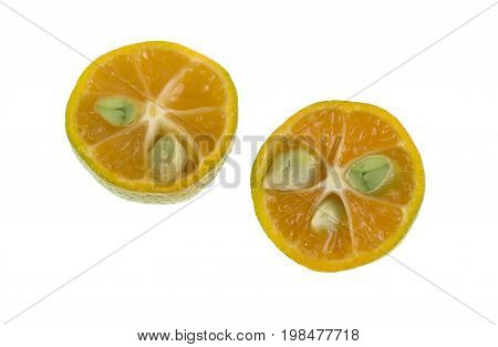 Calamondin also known as calamansi or Citrofortunella microcarpa is a plant and fruit of the citrus family which resembles a small round lime