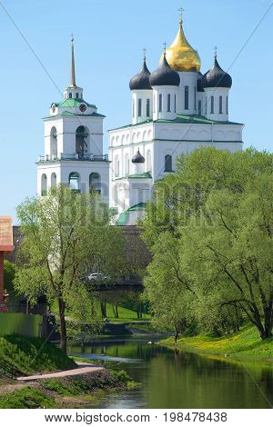 Trinity Cathedral close-up in the May landscape. Pskov, Russia