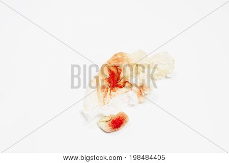 Blood On Tissue And Cotton On White Isolate Background  With Copy Space And  Clipping Path, The Pain
