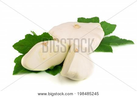 Patty pan Squash with leaf isolated on white background. Pattypan.