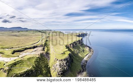 Aerial of the cliffs at Lealt Falls - Isle of Skye - Scotland, United Kingdom