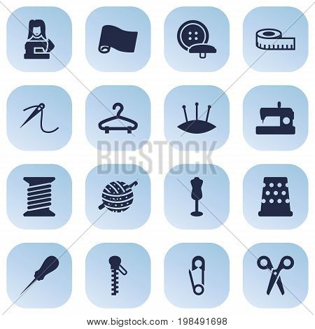 Collection Of Tailor, Machine, Pintle And Other Elements.  Set Of 16 Tailor Icons Set.