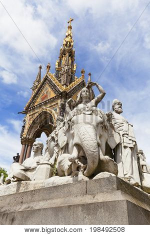 LONDON UNITED KINGDOM - JUNE 23 2017:Prince Albert Memorial Kensington Gardens sculpture at the base of the monument London United Kingdom. It was commissioned by Queen Victoria in memory of her husband opened in July 1872