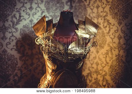 Costume Armor of woman Strong metal breastplate handmade in gold with gothic shapes and fine steel strands