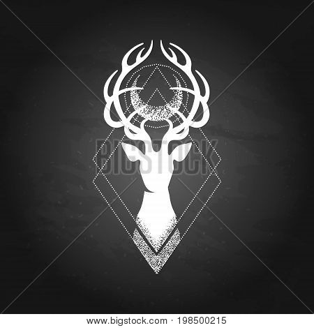 Deer silhouette with moon over its head. Vector graphic illustration isolated on the chalkboard. Can be used as blackwork tattoo art, print or t-shirt design
