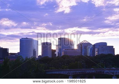 Panoramic view of Rosslyn, Virginia, skyline at dusk.