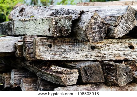Stack of old wood in close-up view