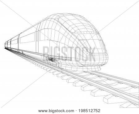 High speed train in motion. Vector rendering of 3d. Wire-frame style