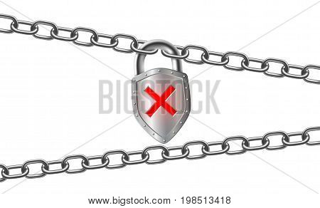 Metal padlock and steel chain isolated on white background. Sign of prohibition and censorship. Stock vector Illustration template.