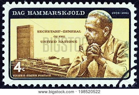 USA - CIRCA 1962: A stamp printed in USA shows Dag Hammarskjold and U.N. Headquarters, circa 1962.