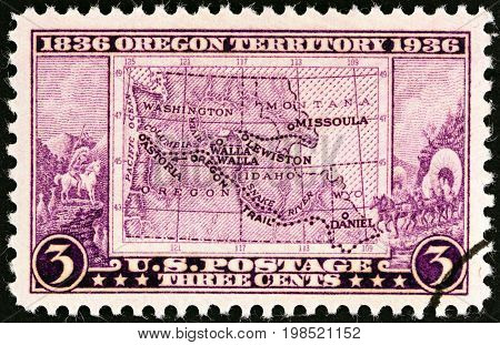 USA - CIRCA 1936: A stamp printed in USA issued for the Oregon Centenary shows Map of Old Oregon Territory, circa 1936.
