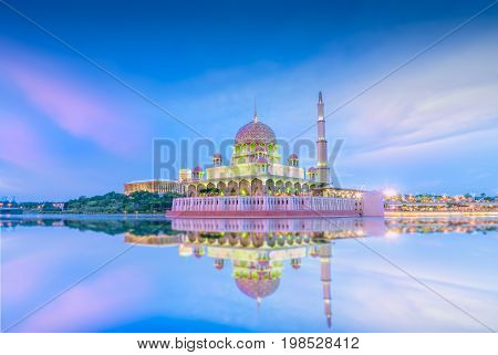 Putra mosque during sunset sky the most famous tourist attraction in Malaysia.